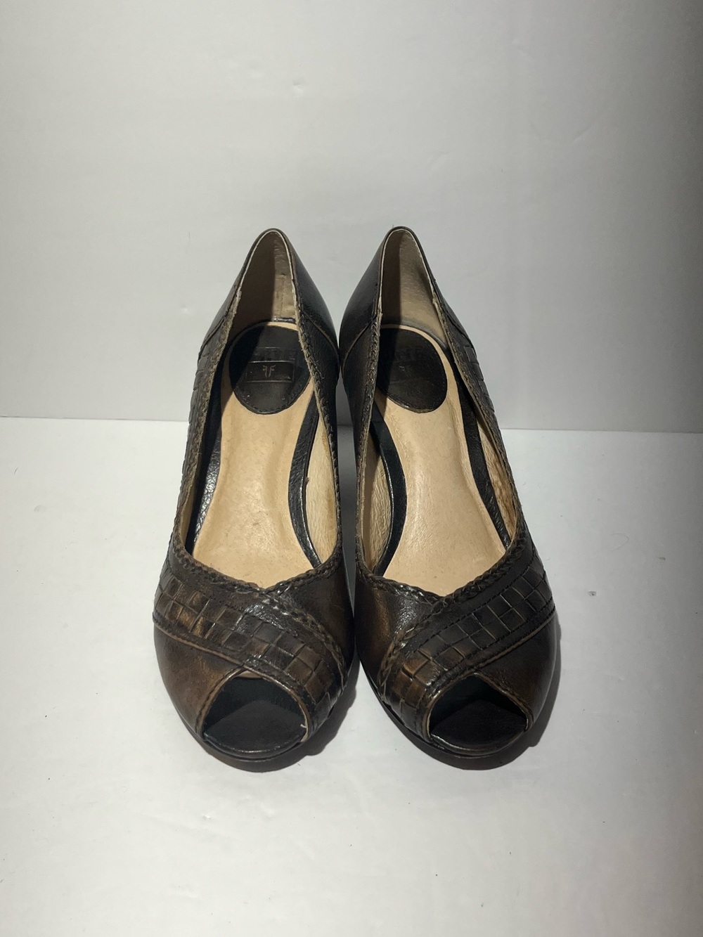 😍 Frye Women’s Brown Woven Peep-Toe Leather Kitten Heels size 7.5